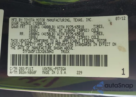 2012 Toyota Tundra Grade 5.7L V8 из США, поврежденный, VIN 5TFDW5F13CX263043